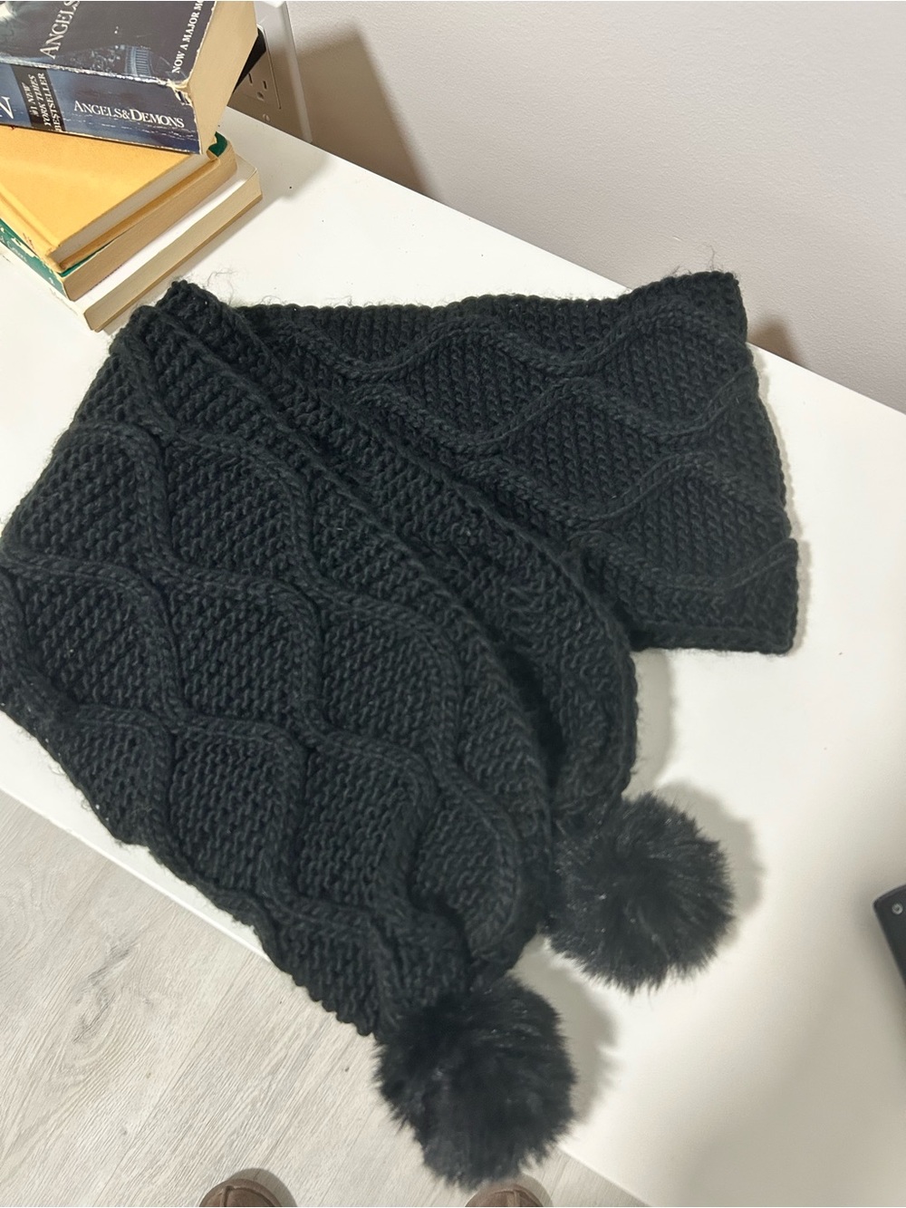 Black Cable Knit Pom Scarf - Womens Winter Accessory